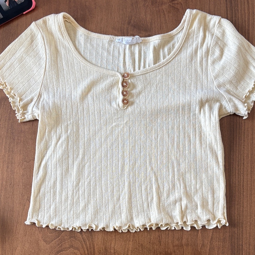 Hippie Rose Yellow Button-Front Ribbed Tee Shirt